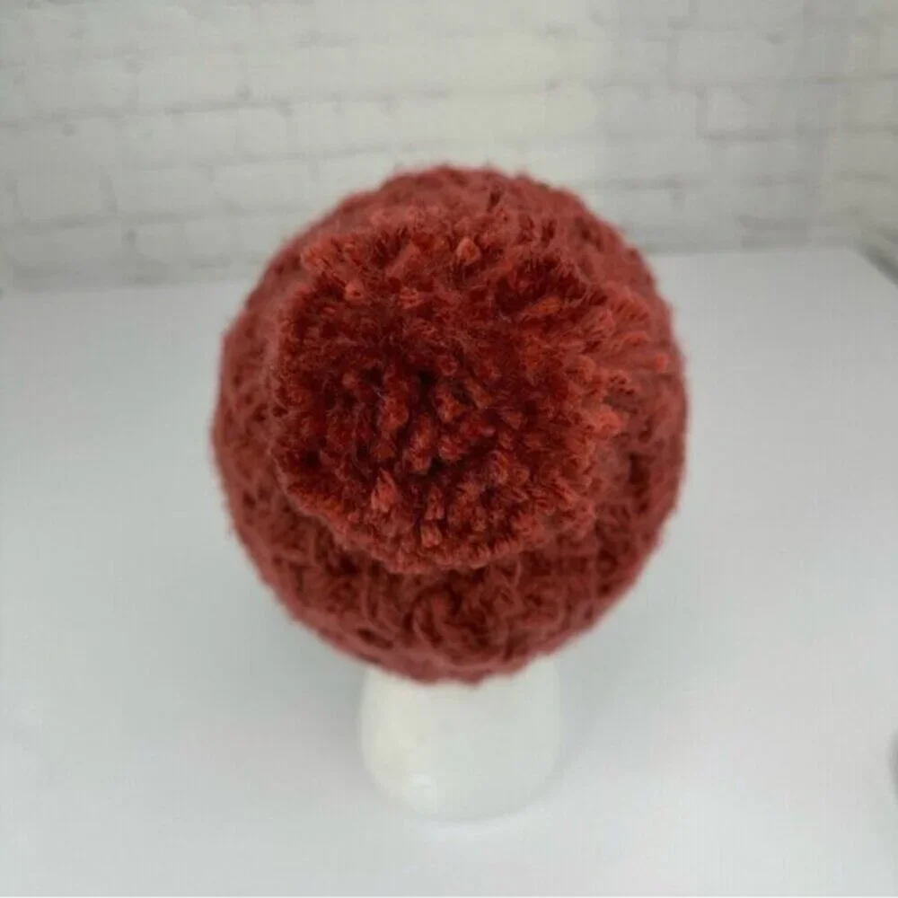 Created By Cyd Handmade Rust Red Basketweave Knit Pom Beanie Hat Women‎ NEW